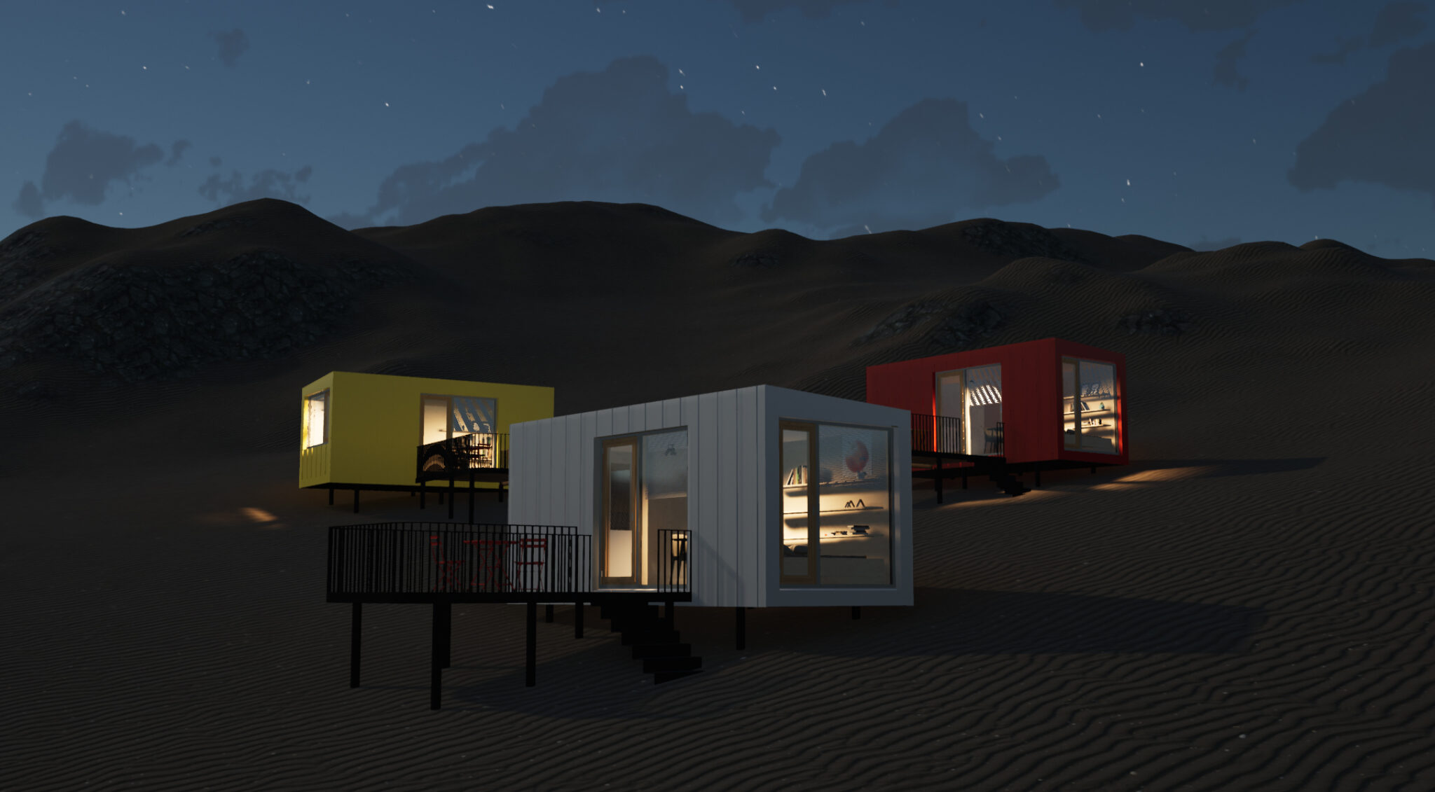 Beleuchtete Tiny Houses in der Nacht.
