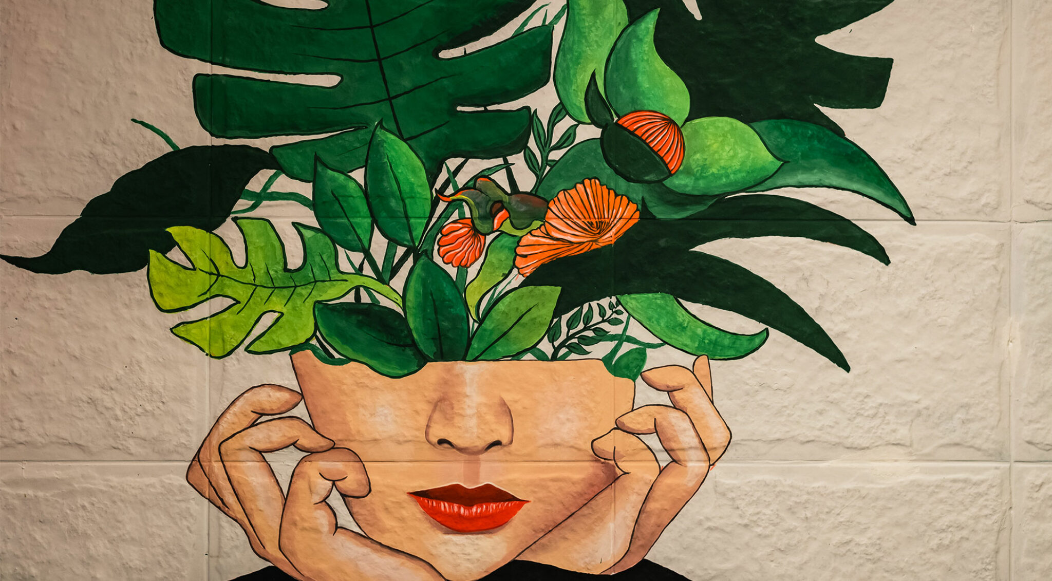 Illustration einer Frau, der Pflanzen aus dem Kopf wachsen.