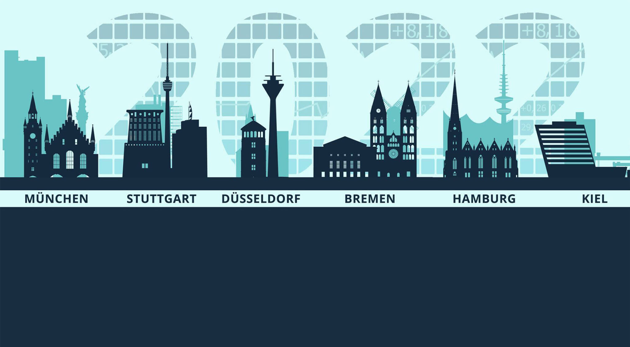 Illustration: Wahrzeichen der Städte München, Stuttgart, Düsseldorf, Bremen, Hamburg und Kiel vor der Zahl 2022 im Hintergrund
