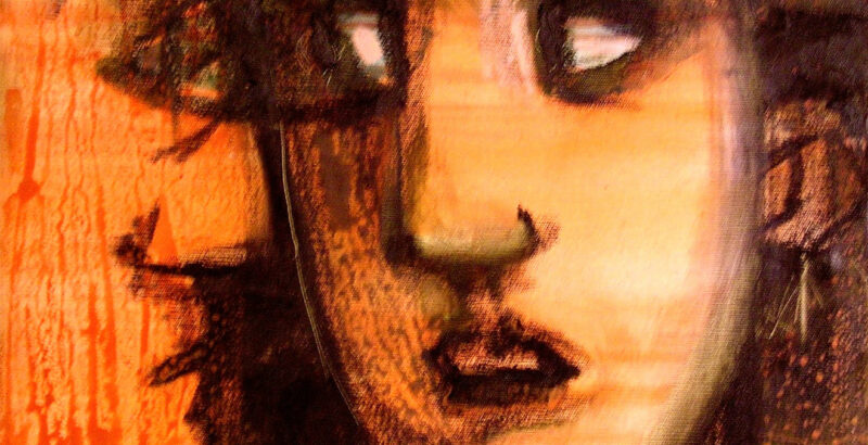Kunstwerk mit einem ängstlichen Frauen Gesicht