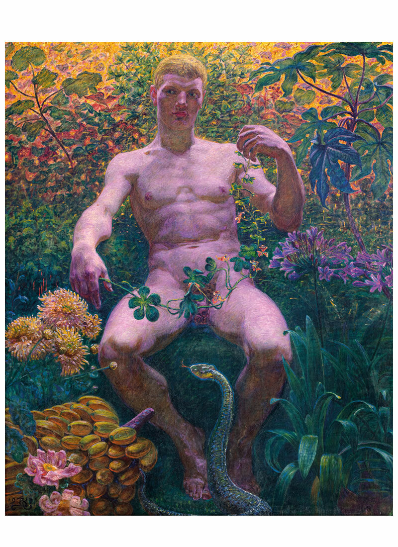 Gemalter nackter Mann umgeben von Pflanzen