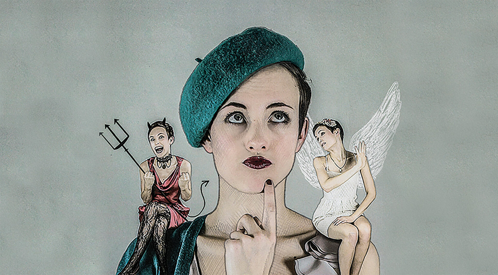 Fotokollage einer modernen Frau mit Engelchen und Teufelchen auf der Schulter.