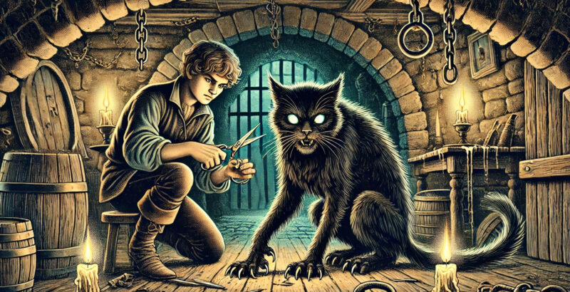 Illustriertes Bild eines knienden jungen Mannes in einem Kellergewölbe mit einem katzenartigen Fabelwesen