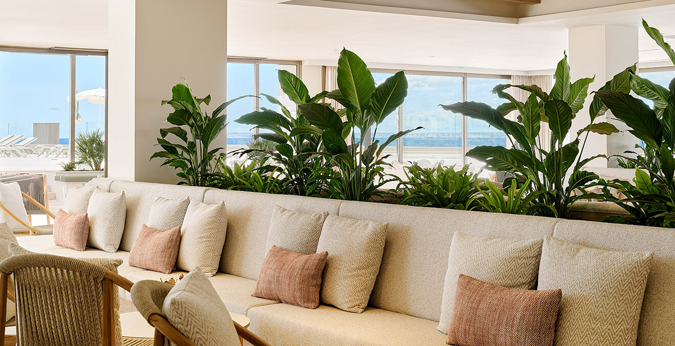Blick in die Lobby des Hotels „Iberostar Selection Es Trenc, in hellen Farben und Materialien eingerichtet und mit vielen Grünpflanzen
