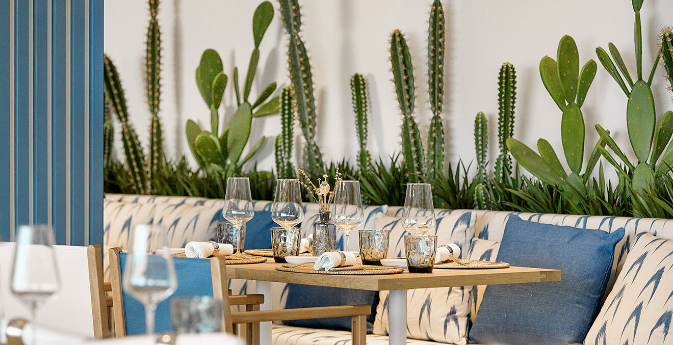 Blick in das Restaurant des Hotels „Iberostar Selection Es Trenc, mit vielen Kakteen als Dekoration
