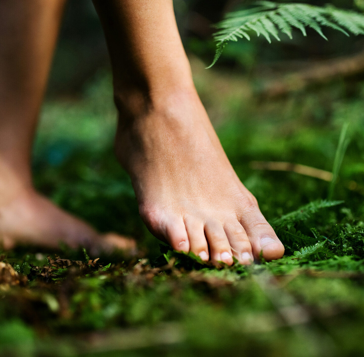 Nahaufnahme nackter Füße, die über weiches Moos im Wald laufen.