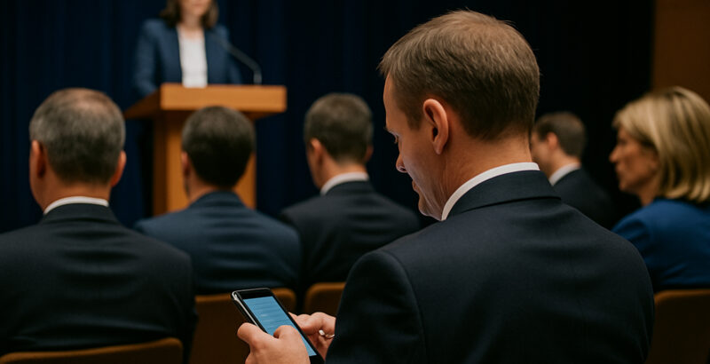Mehrere Männer in Anzügen sitzen in Stuhlreihen auf einer Konferenz oder Versammlung. Ein Mann schaut auf sein Smartphone.