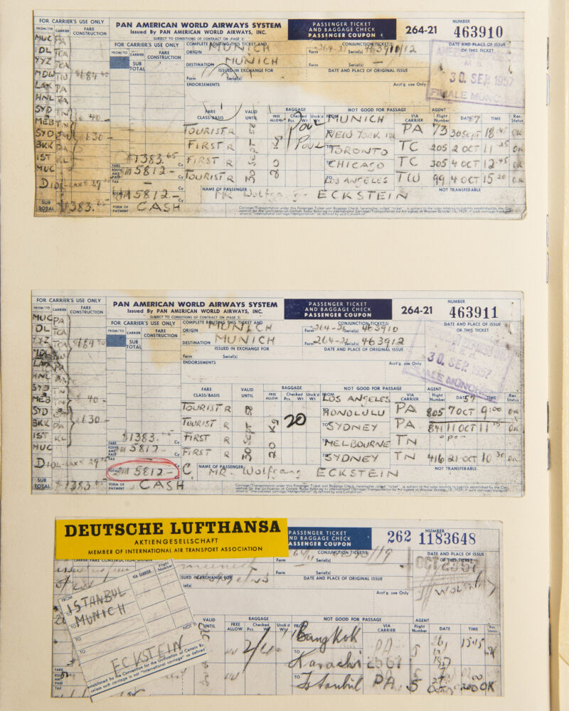 Seite mit zwei alten Flugtickets: oben von Pan American World Airways (Pan Am), unten von Deutsche Lufthansa, handschriftlich ausgefüllt.
