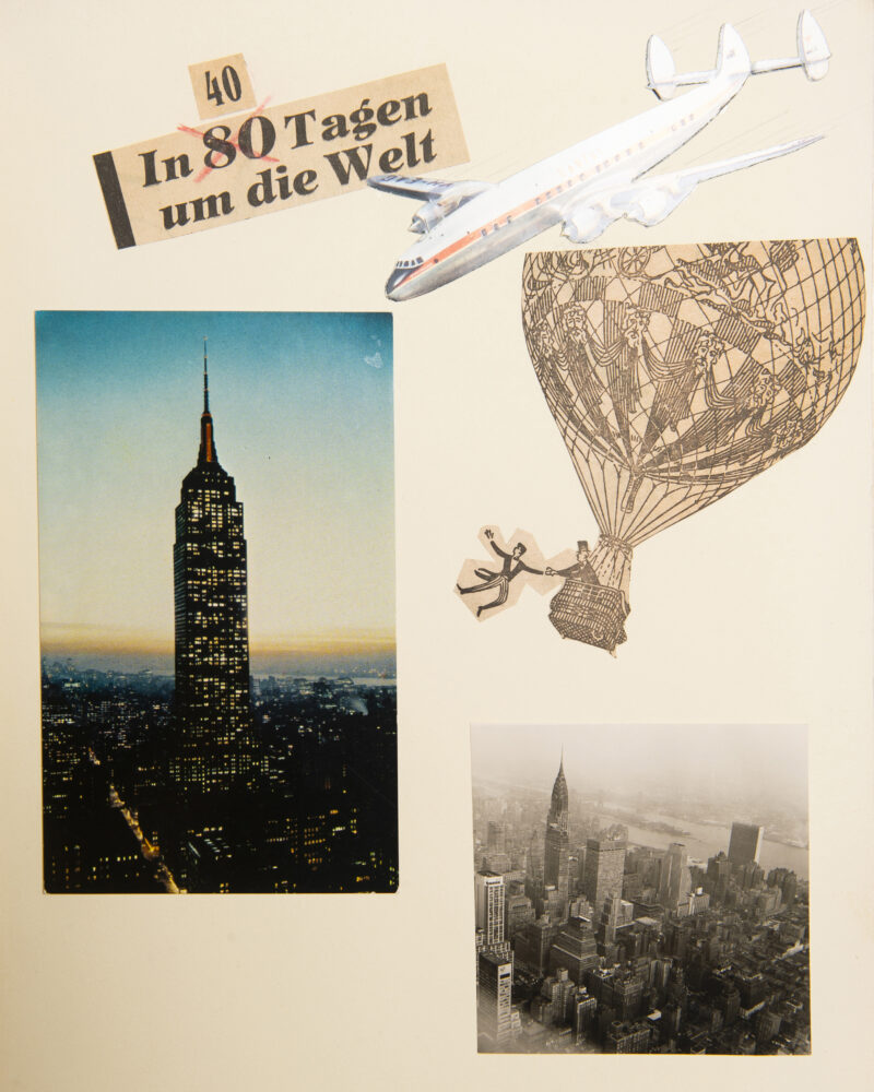 Collage mit Farbfoto des Empire State Building bei Nacht, Schwarz-Weiß-Foto der New Yorker Skyline und Zeichnung eines Heißluftballons; daneben der Schriftzug „In 80 Tagen um die Welt“.