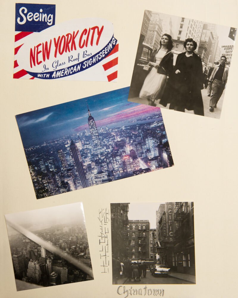 Collage mit Fotos: beleuchtete Straßenszene bei Nacht, Straßenzüge mit Wolkenkratzern, ein Foto mit handschriftlichem Vermerk „Chinatown“.