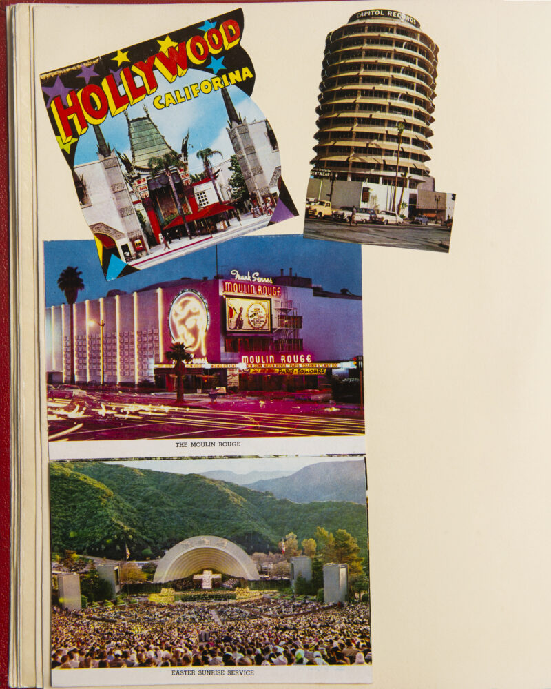 Bunte Collage mit Postkarten: Hollywood-Schriftzug, Capitol Records Gebäude, Sunset Boulevard bei Nacht mit Neonreklamen und Open-Air-Bühne in Kalifornien.