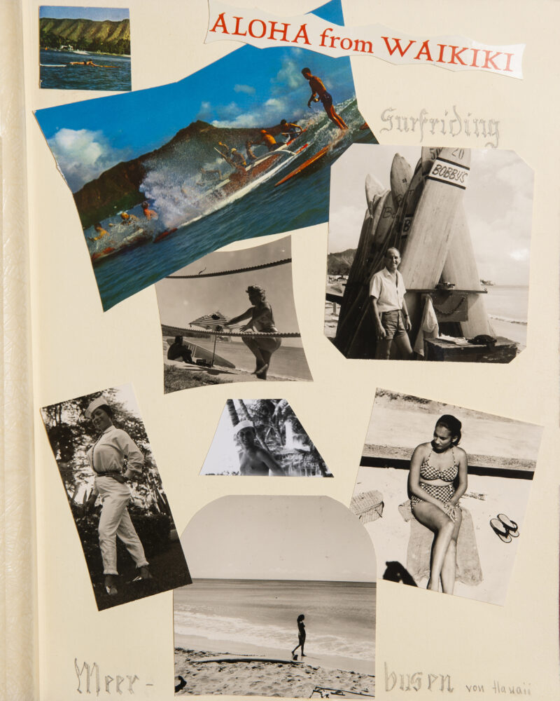 Collage mit Postkarte von Surfern vor dem Diamond Head Vulkan in Hawaii, daneben Schwarz-Weiß-Fotos von Strandszenen, Surfern und einem Mann mit Surfbrett.