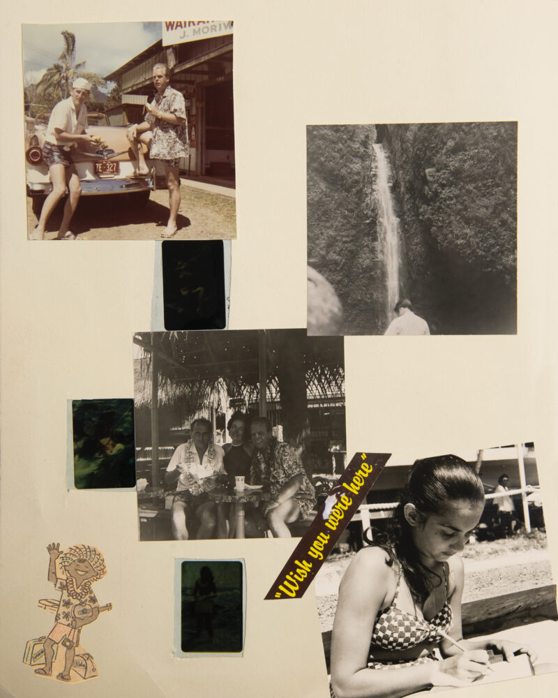 Collage mit Schwarz-Weiß-Fotos: eine Frau am Schreibtisch, Menschen in tropischer Umgebung, Wasserfall, Strand- und Alltagsszenen; daneben eine kleine Figur mit Ukulele.