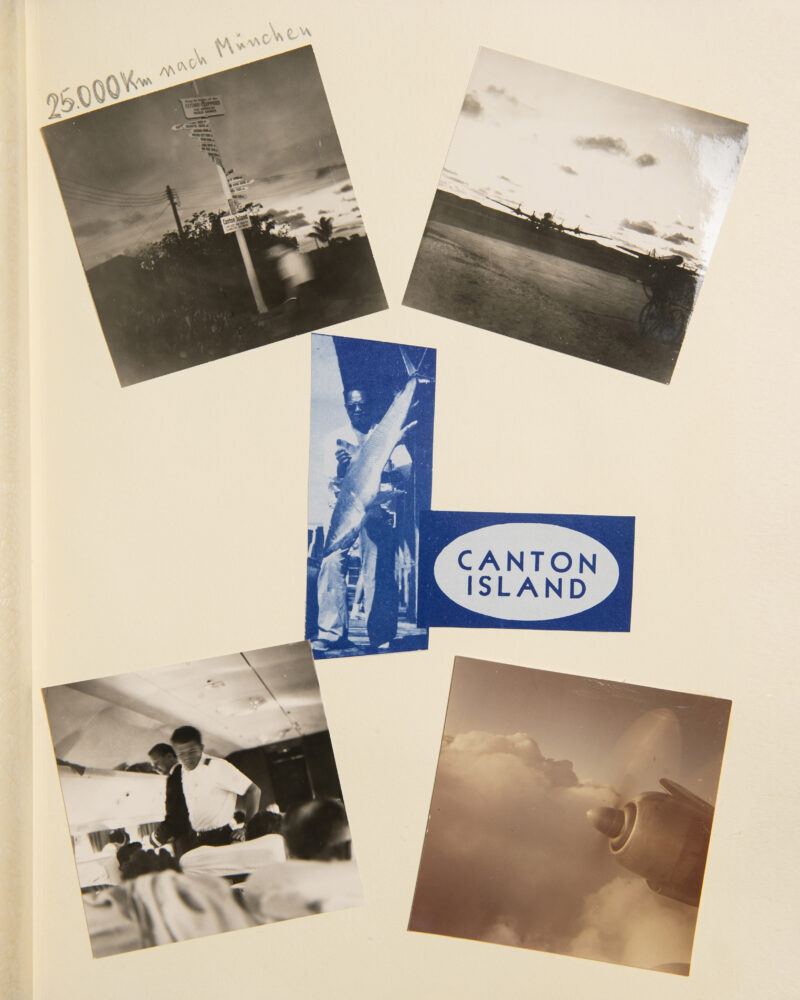Fotocollage mit Schwarz-Weiß-Aufnahmen von Flugzeugen und Landschaft, daneben ein blaues Schild mit der Aufschrift „Canton Island“.