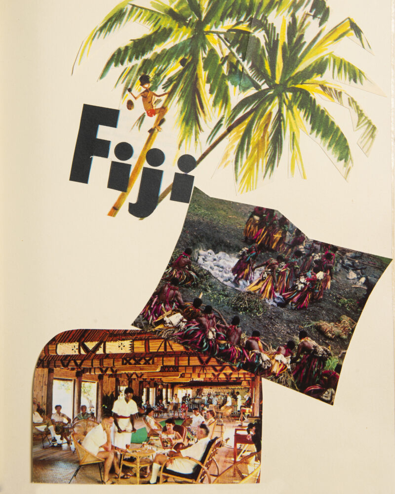 Collage mit Illustration einer Palme und dem Schriftzug „Fiji“; darunter Fotos von traditionell gekleideten Tänzern im Freien und einer vollen Gaststätte mit Musik und Unterhaltung.