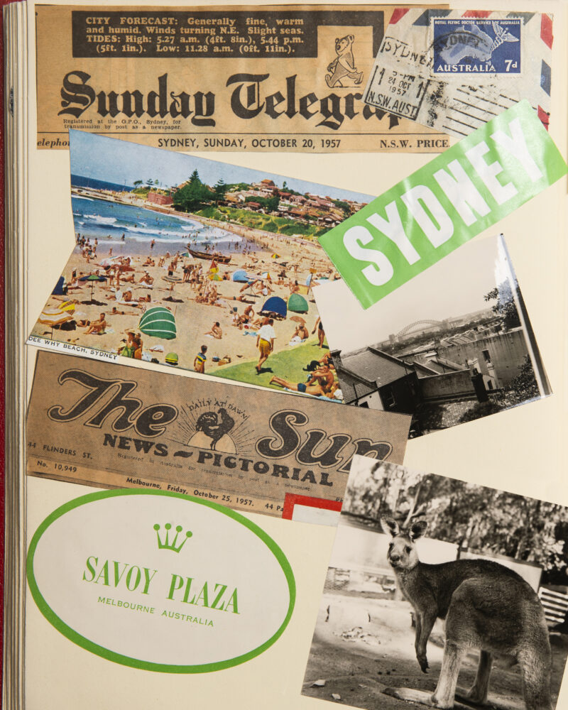 Collage mit Zeitungsüberschrift „The Sun – News Pictorial“, einem Schild „Savoy Plaza“ und mehreren Fotos, darunter ein Strandbild, Menschenmengen und ein Elefant.