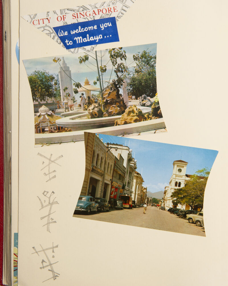 Collage mit Postkarten und Fotos: Straßenansicht mit Kolonialbauten.