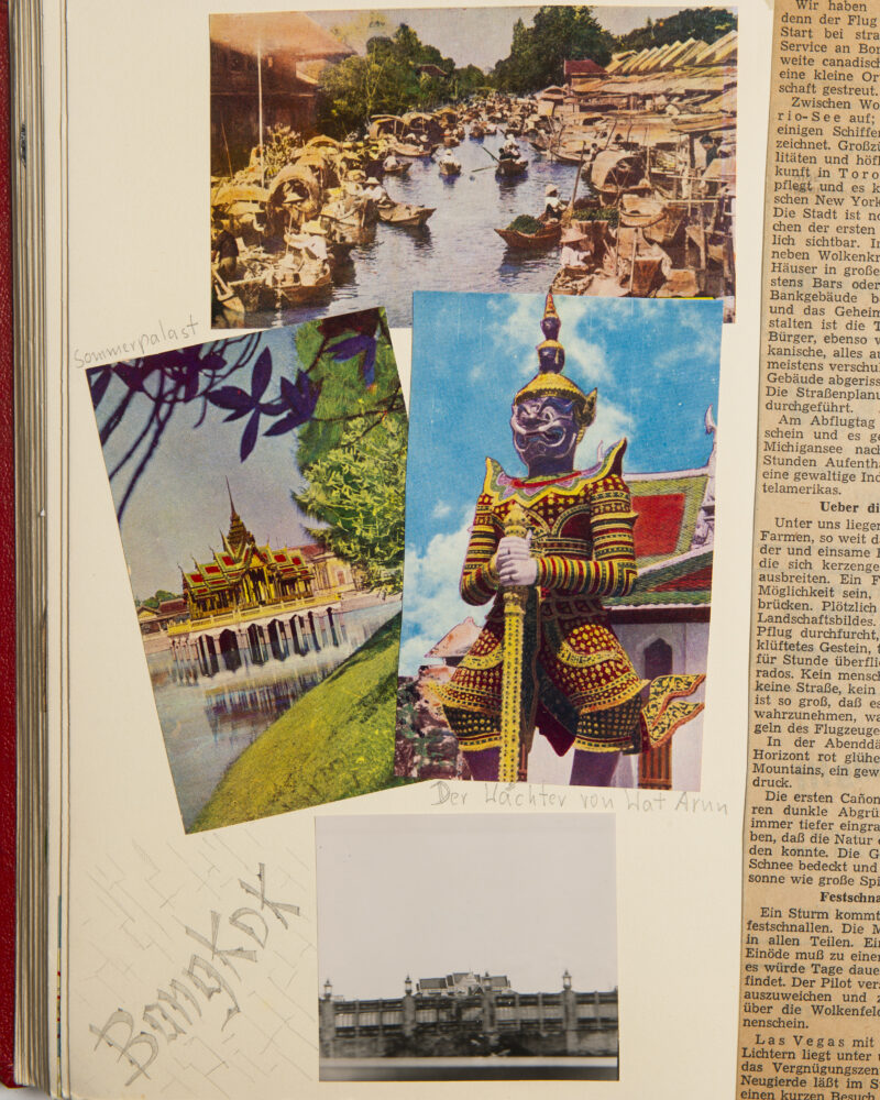 Collage mit Postkarten und Fotos: Ein schwimmender Markt mit vielen Booten, ein thailändischer Tempel und eine Statue eines Wächterdämons.