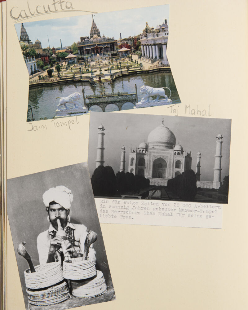 Collage mit Schwarz-Weiß-Fotos: das Taj Mahal, ein Mann mit Turban und zwei Schlangen vor sich, dazu eine Ansicht eines Tempels mit Wasserbecken.