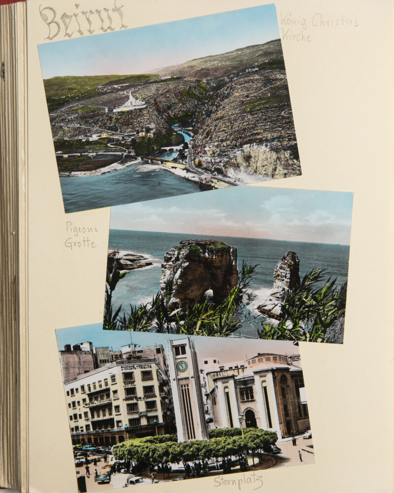 Collage mit Fotos von Felsformationen am Meer (beschriftet „Pigeon Grotto“), Küstenlandschaften sowie einer modernen Stadtansicht mit großen Gebäuden und breiter Straße.