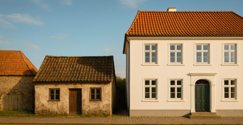 Außenansicht mehrerer Gebäude mit roten Ziegeldächern und weißer Fassade.