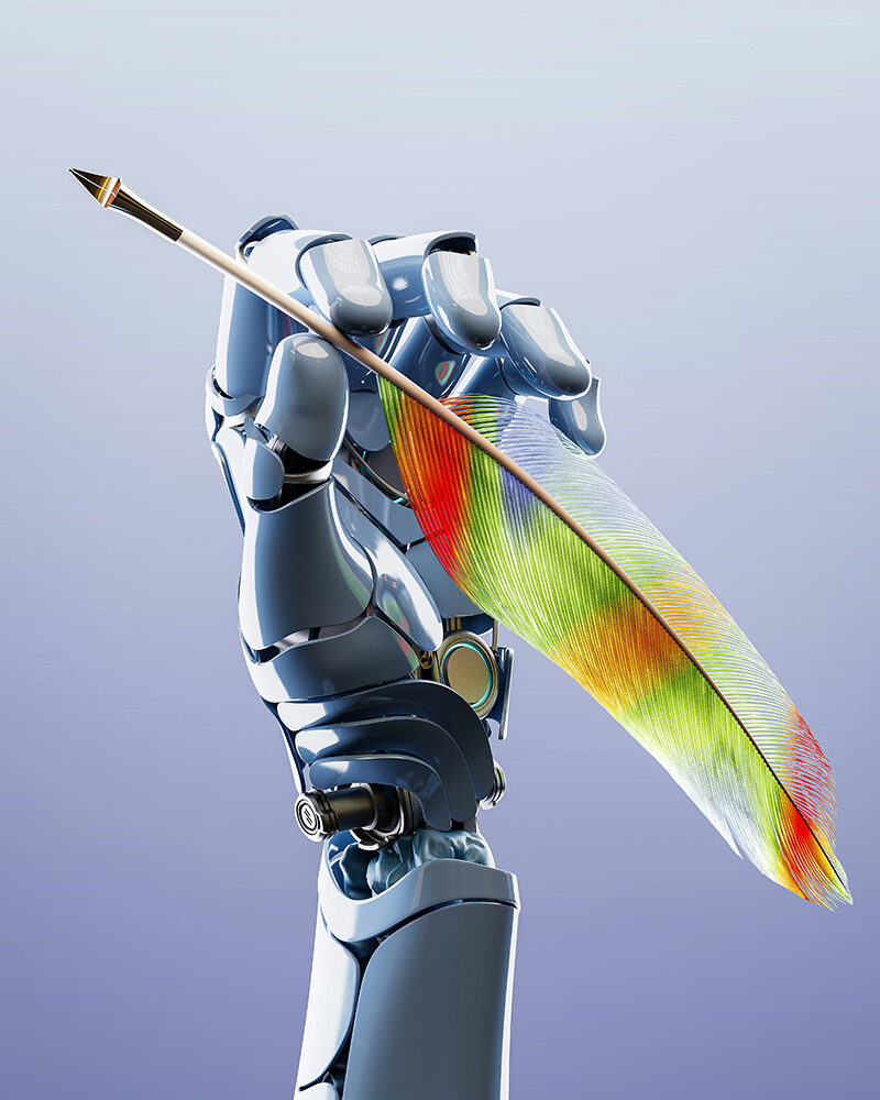 Roboter mit menschlicher Silhouette hält farbig bemalten Federkiel – symbolisiert kreative Zusammenarbeit zwischen Mensch und KI.