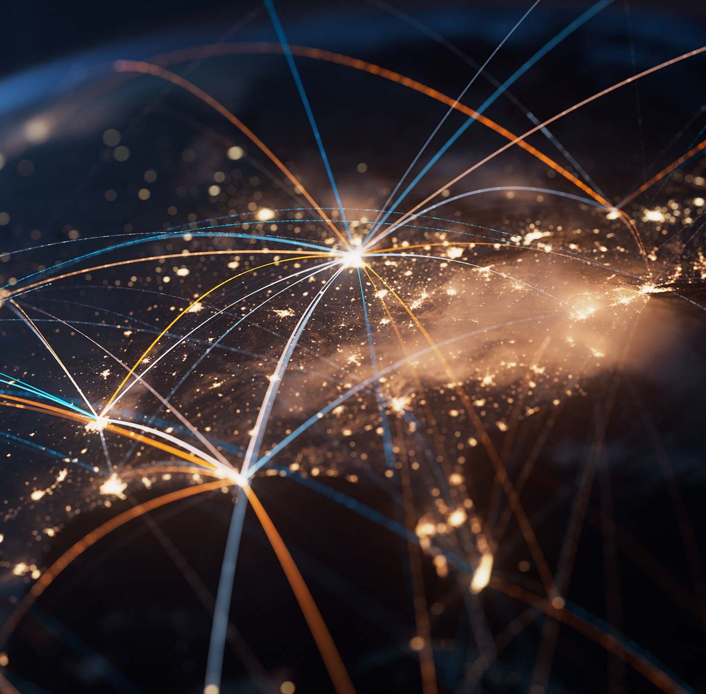 Globale Datenvernetzung: Leuchtende, miteinander verbundene Punkte auf einer digitalen Weltkarte, die internationale Kommunikation und Technologie symbolisieren.