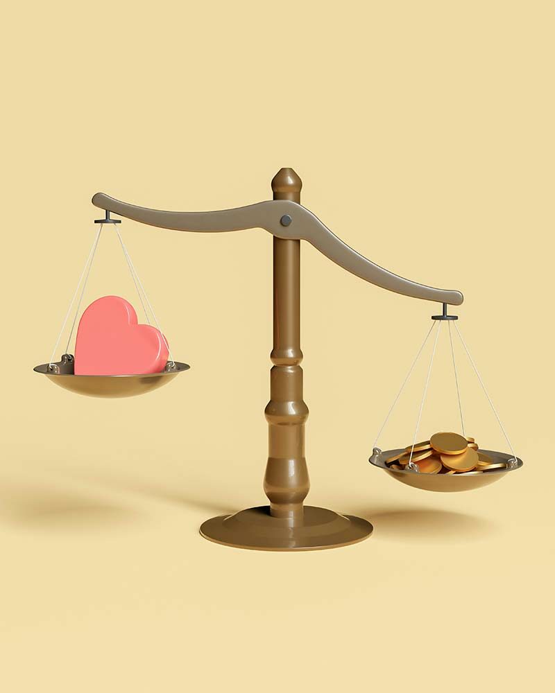 Illustration einer Waage, auf der linken Seite liegt ein rotes Herz, auf der rechten ein Stapel Goldbarren. Die Waage ist im Gleichgewicht und symbolisiert die Balance zwischen emotionalen und materiellen Werten.