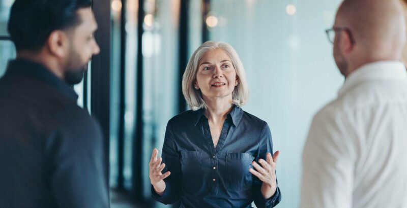 Drei Personen im Büro im Gespräch, eine Frau erklärt gestikulierend etwas.