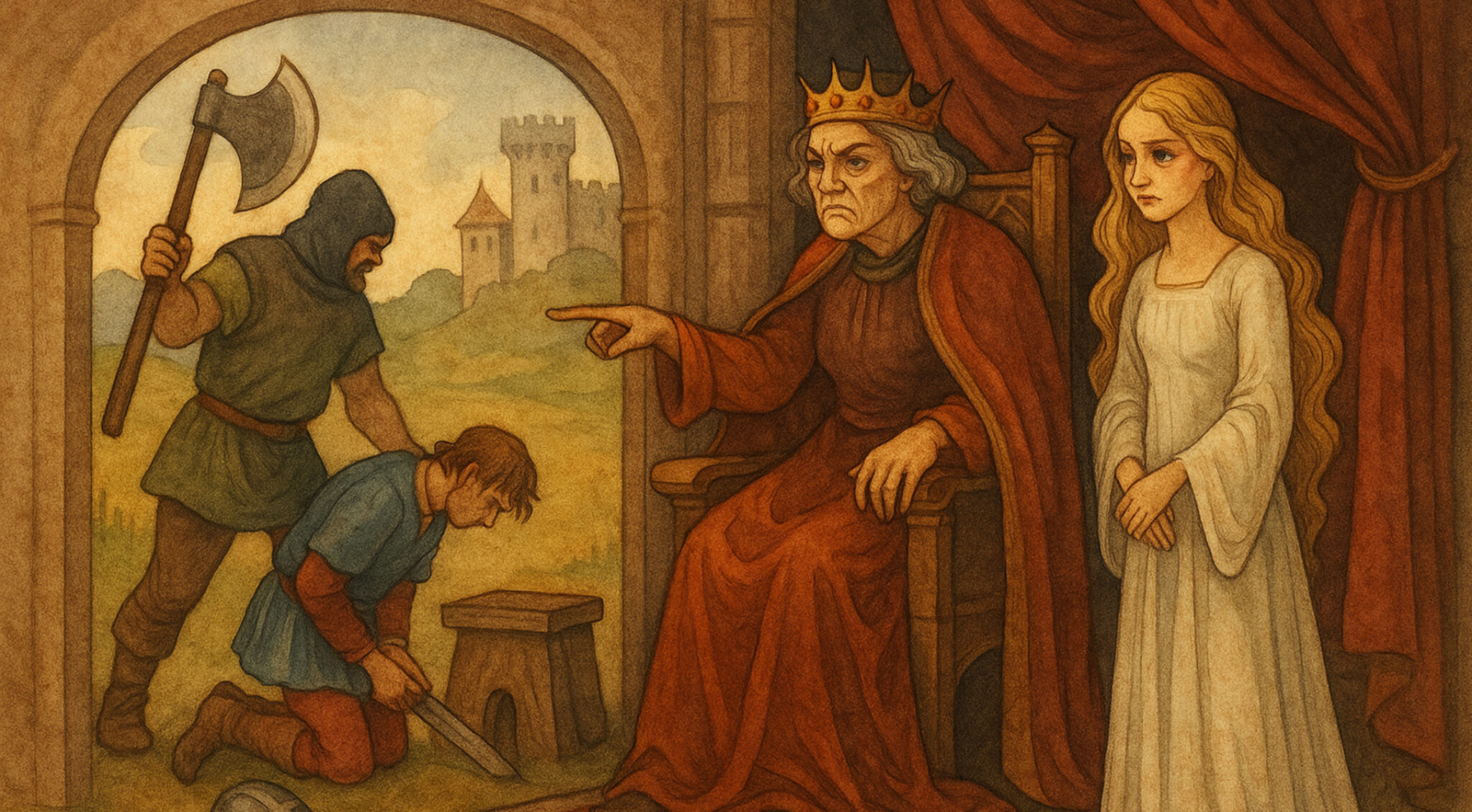 Märchenhafte Illustration mit mehreren Figuren in historischer Kleidung vor landschaftlichem Hintergrund.