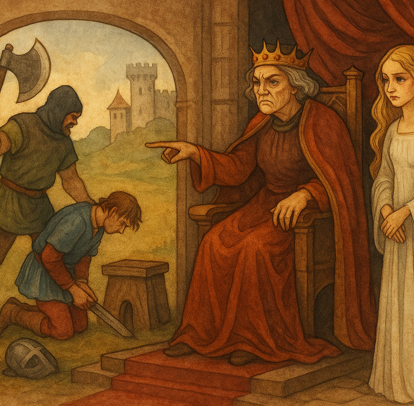 Märchenhafte Illustration mit mehreren Figuren in historischer Kleidung vor landschaftlichem Hintergrund.