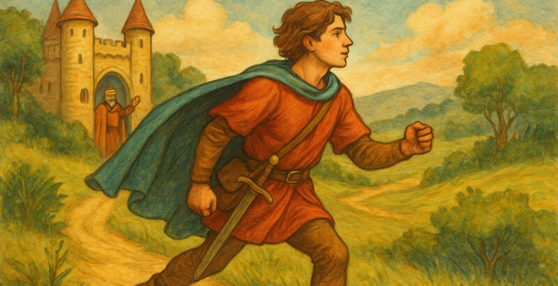 Illustration eines jungen Mannes mit ausgreifender Bewegung in weiter Landschaft, im Hintergrund Gebäude.