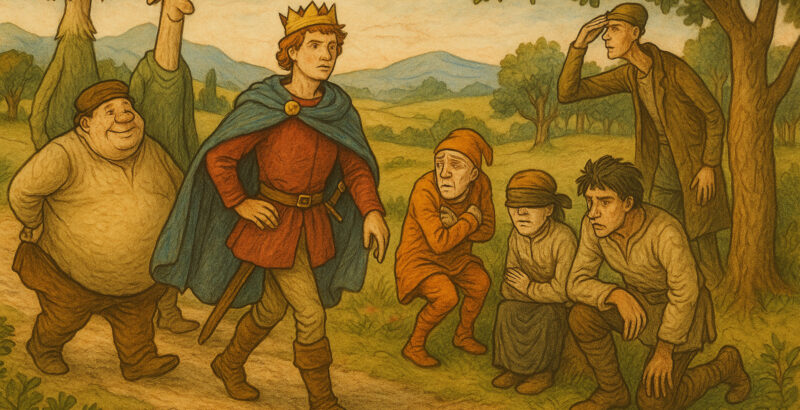 Märchenillustration mit mehreren Figuren, die gemeinsam agieren, umgeben von Natur.