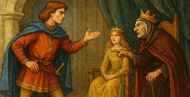 Zwei Figuren in historischer Kleidung stehen sich gegenüber und scheinen im Gespräch. Eine dritte sitzt im Hintergrund.