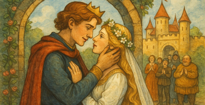 llustration eines Brautpaares, sich zum Kuss zugeneigt, im Hintergrund jubelnde Menschen und ein Schloss.