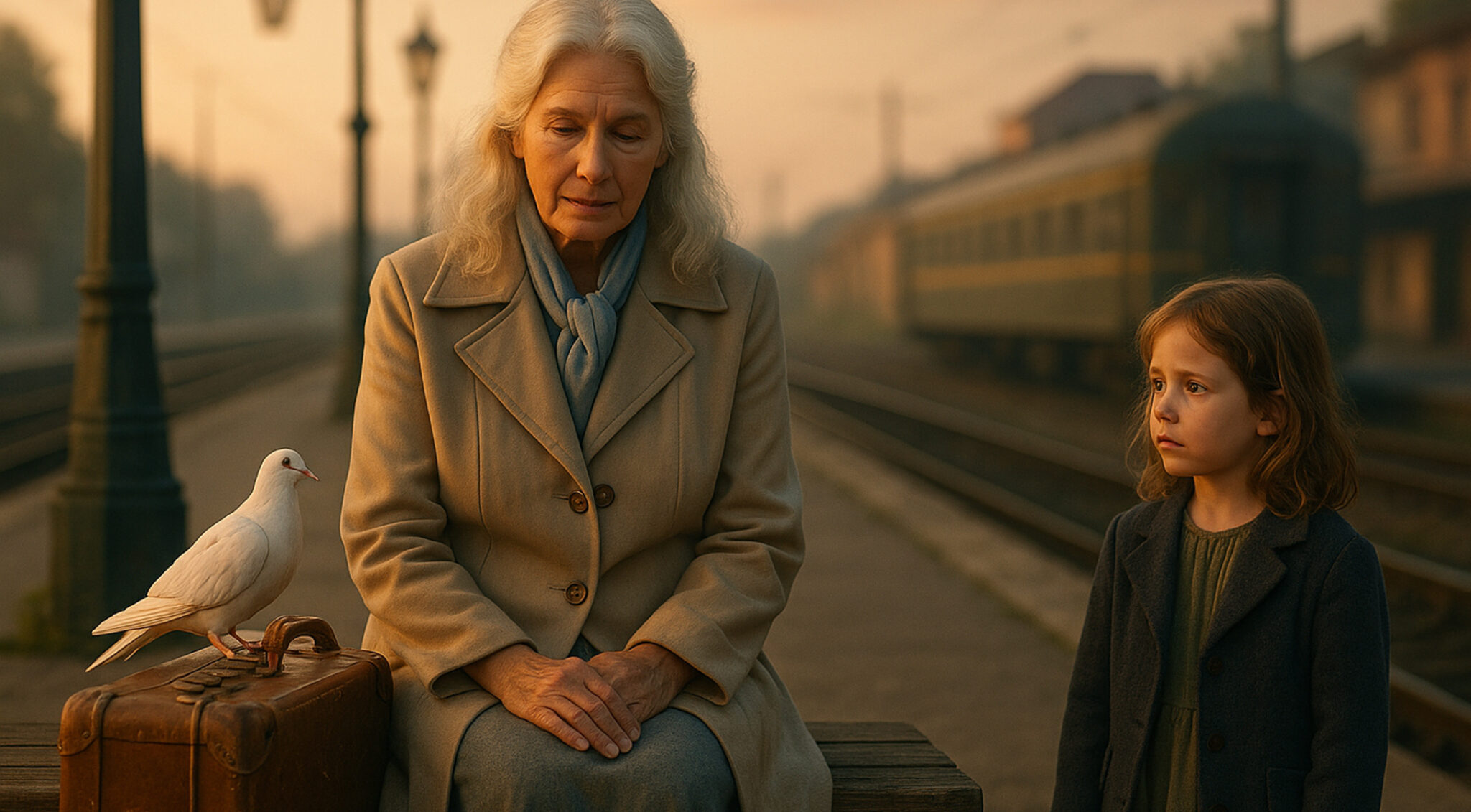 Ältere Frau und junges Mädchen stehen am Bahngleis, neben ihnen sitzt eine weisse Taube.