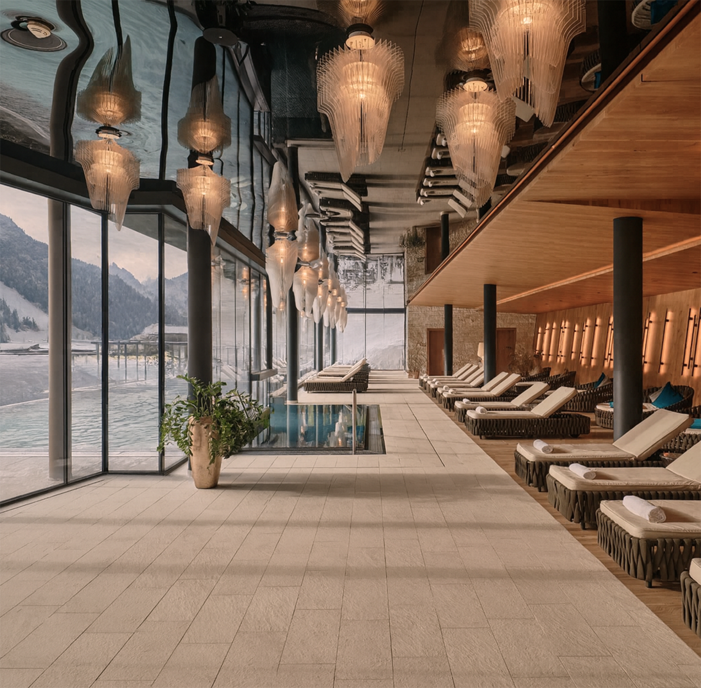 Moderner Ruheraum mit Liegen, warmem Holzinterieur und gedämpfter Beleuchtung mit bodentiefen Fenstern und Blick auf verschneite Berglandschaft.