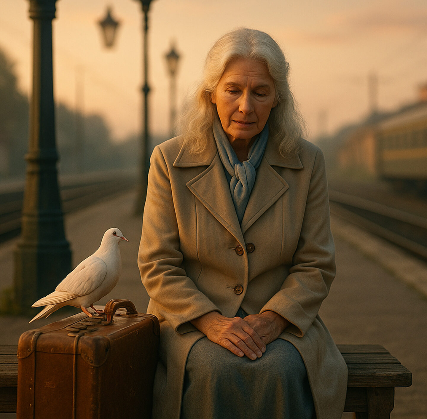 Ältere Frau und junges Mädchen stehen am Bahngleis, neben ihnen sitzt eine weisse Taube.