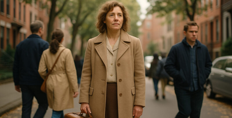 Frau in beigefarbenem Mantel geht gemeinsam mit zwei weiteren Personen durch eine belebte Stadtstraße.