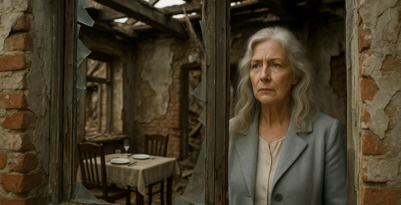 Nachdenkliche ältere Frau steht in einem verfallenen, kriegsbeschädigten Gebäude und blickt aus einem zerbrochenen Fenster.