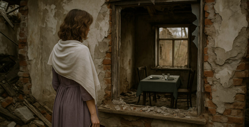 Frau mit weißem Schultertuch betrachtet die zerstörte Innenwand eines zerfallenen Gebäudes.