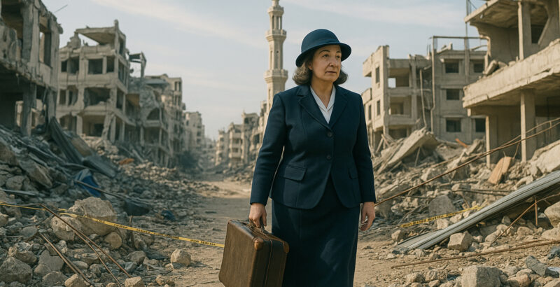 Frau im dunklen Mantel geht durch eine zerstörte Stadt voller Trümmer und Ruinen.