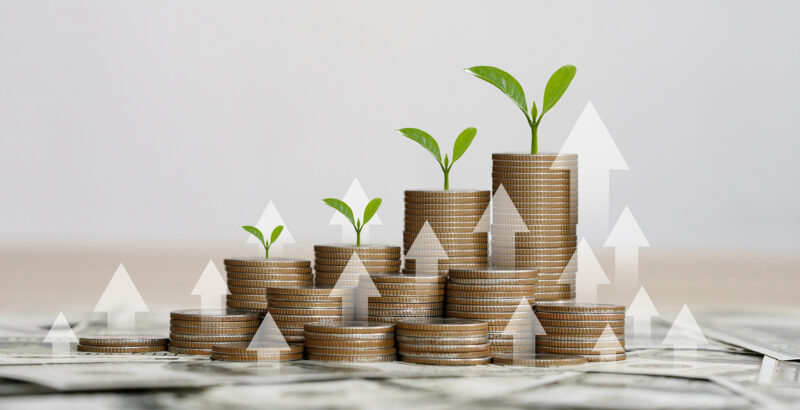 Gestapelte Münzen, aus denen kleine grüne Pflanzensetzlinge wachsen – Symbol für Vermögensaufbau und Wachstum.