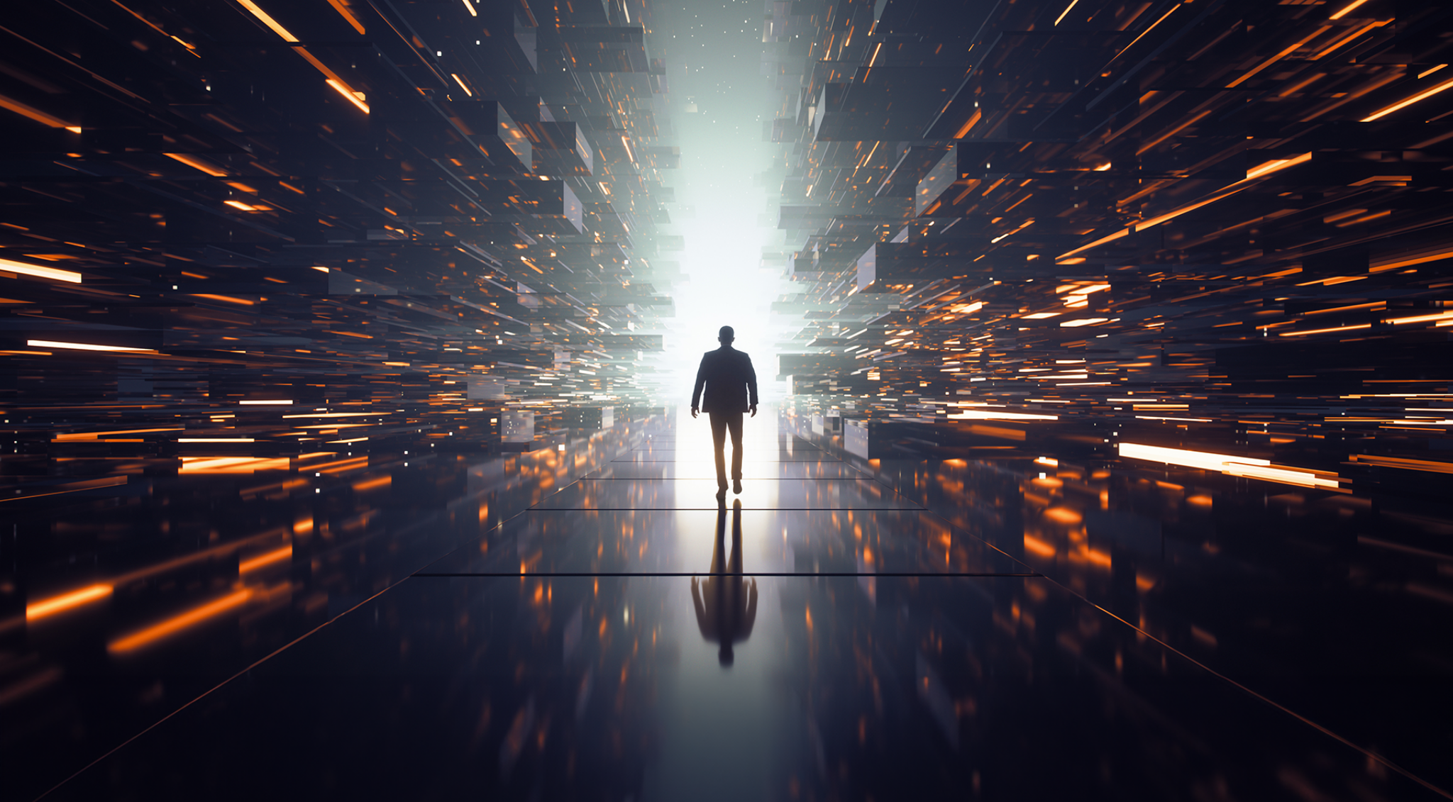 Rückenansicht einer Person mit Regenschirm, die in einer futuristischen, von Lichtspuren durchzogenen Stadtlandschaft steht.