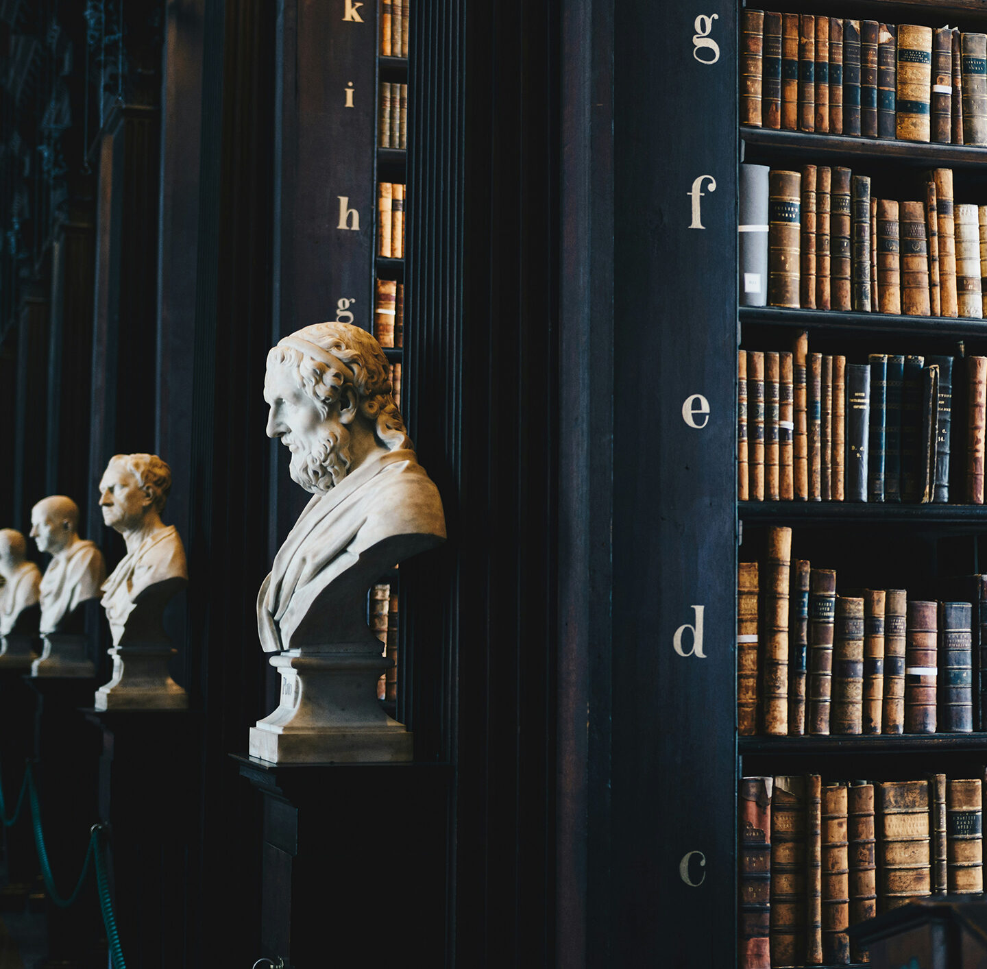 Blick in eine Bibliothek mit hohen Regalen und Büchern, im Vordergrund eine klassische Büste.