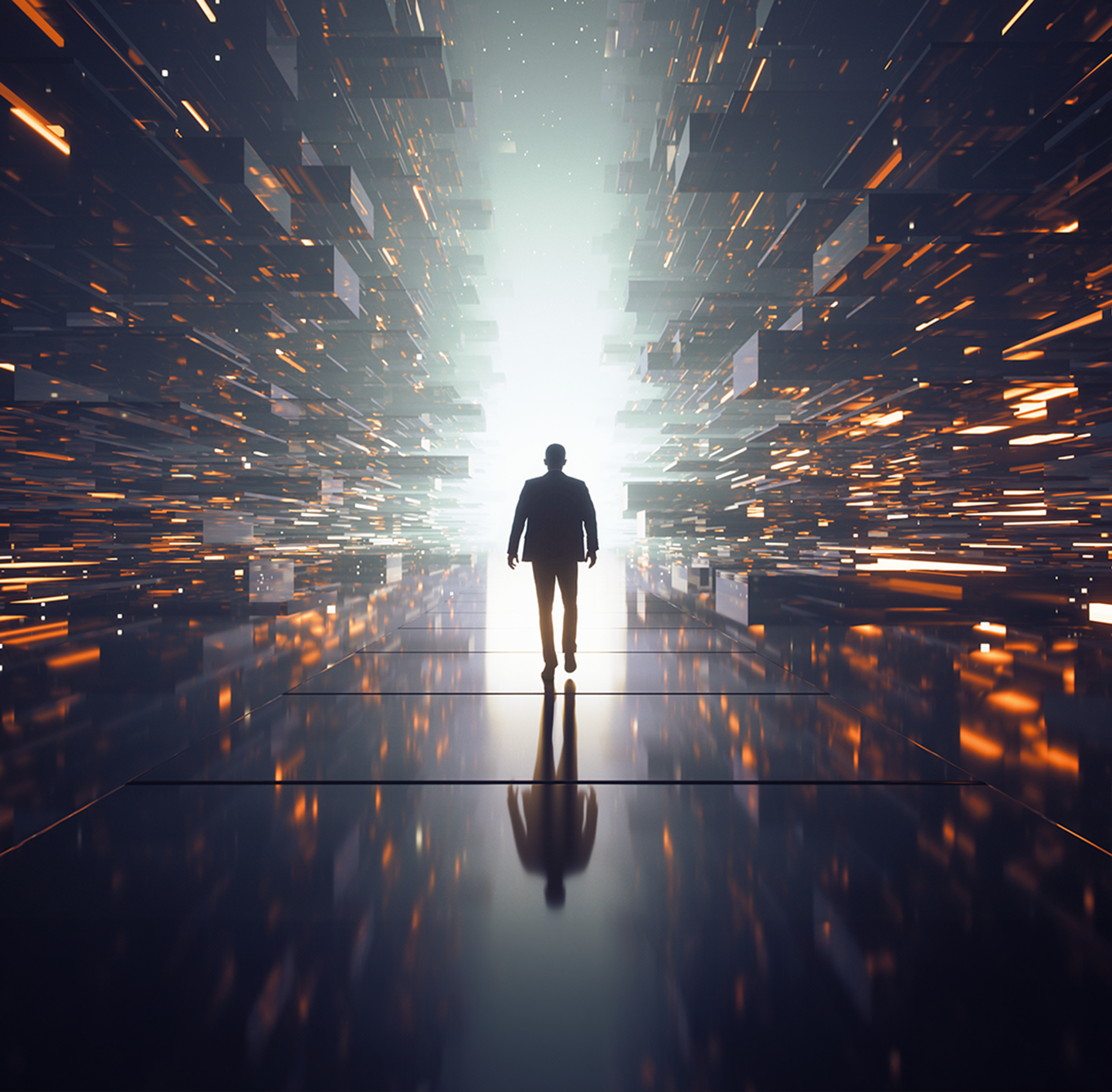 Rückenansicht einer Person mit Regenschirm, die in einer futuristischen, von Lichtspuren durchzogenen Stadtlandschaft steht.