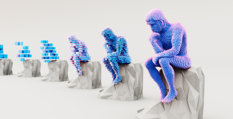 Bildabfolge einer sitzenden, menschlichen Figur, aus abstrakter, blauen, netzartigen Formen, die an wachsende neuronale Strukturen erinnert.