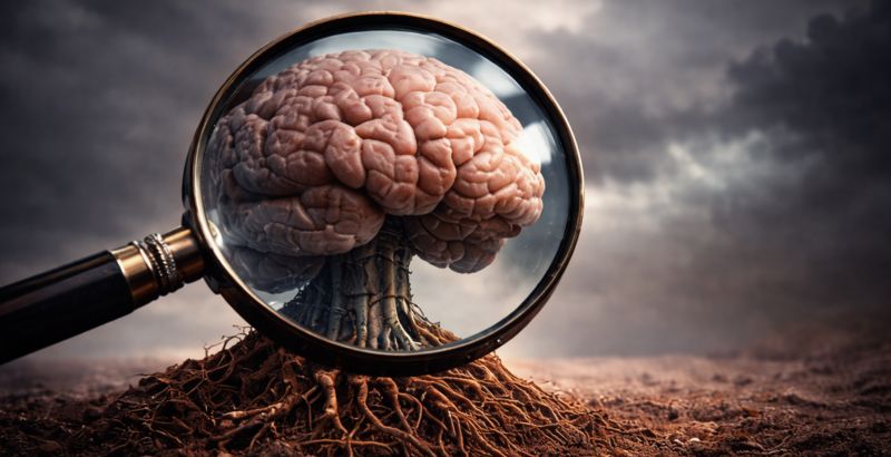 Illustration eines menschlichen Gehirns, das mit einer Lupe vergrößert betrachtet wird.