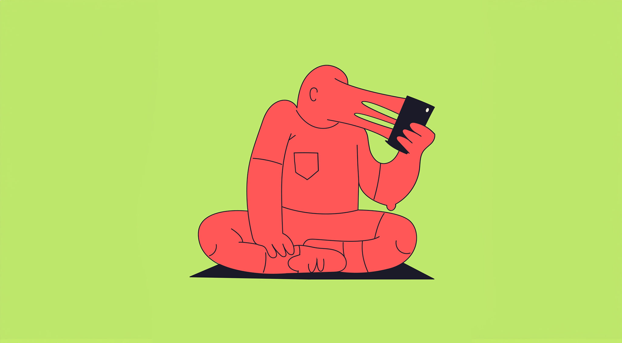 Illustration einer roten Figur im Schneidersitz deren Gesicht mit dem einem Smartphone verschmilzt, das sie in den Händen hält, vor grünem Hintergrund.