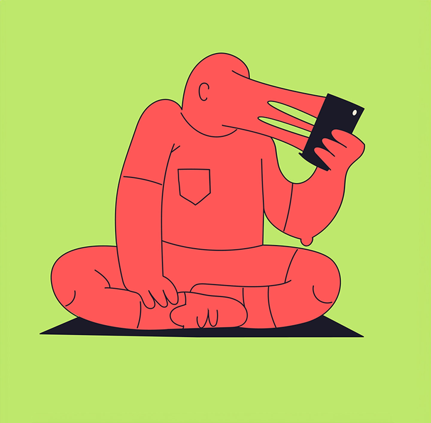 Illustration einer roten Figur im Schneidersitz deren Gesicht mit dem einem Smartphone verschmilzt, das sie in den Händen hält, vor grünem Hintergrund.